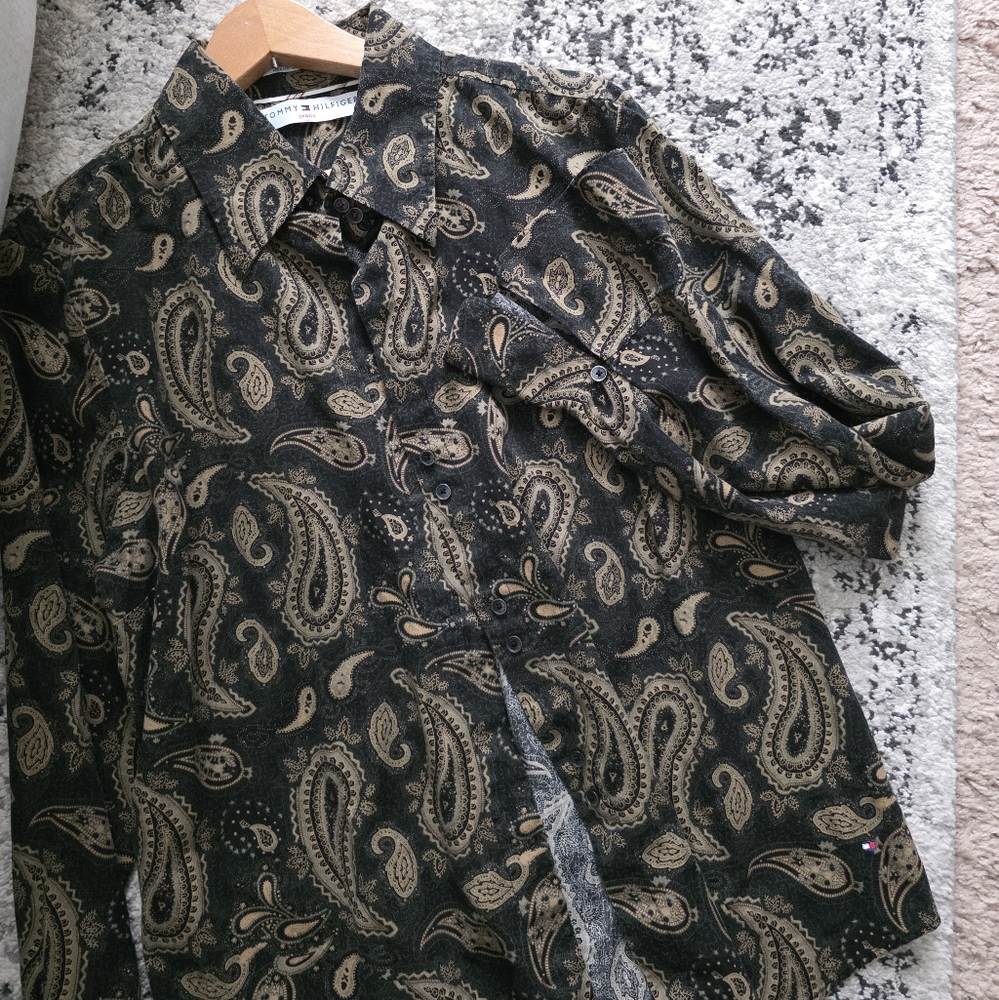 Y2k Tommy Hilfiger Paisley Button Up Blouse Wmns XL Brown Tan Cotton Western